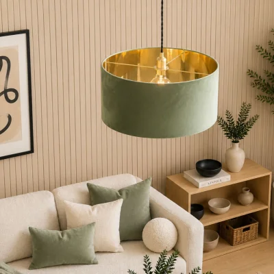 The Range CGC MILANO Olive Green and Gold Oversized Velvet Drum Lamp Shade - Olive Green & Gold