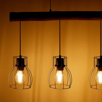 The Range Pendant Light, Rustic Wood  Black Metal, Minimalist Lampshades, 4x E27 Bulbs - Black