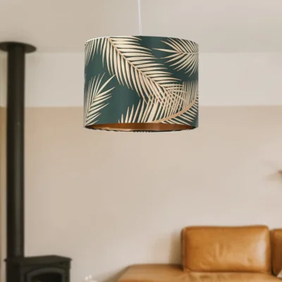 The Range Tropica Easy Fit Fabric Pendant Shade - Dark Green Fabric And Gold Embossed Foil