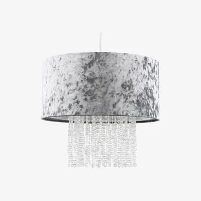 The Range Silver Velvet Cylinder Ceiling Pendant Light Shade With Clear Acrylic Droplets - Silver