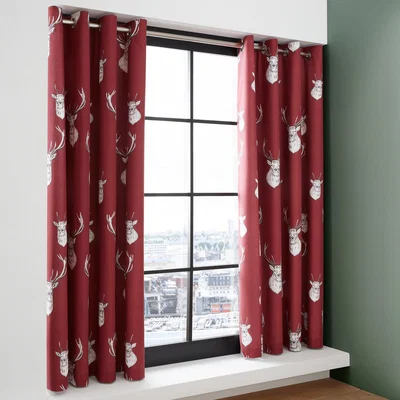 Dunelm Catherine Lansfield Munro Stag Eyelet Curtains Red and White