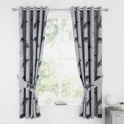 Dunelm Black Space Dinosaur Blackout Eyelet Curtains Grey, White and Black