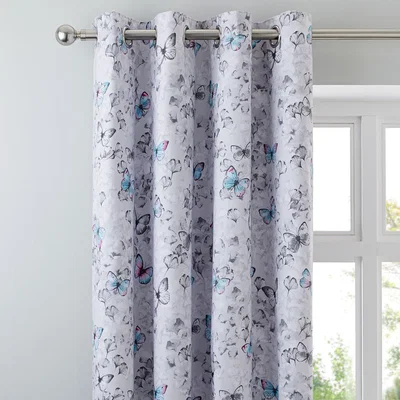 Dunelm Ginkgo Butterfly White Blackout Eyelet Curtains White, Blue and Grey