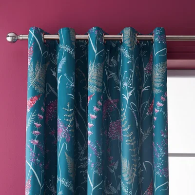 Dunelm Dorma Winter Garden Teal Blackout Eyelet Curtains Green/Pink