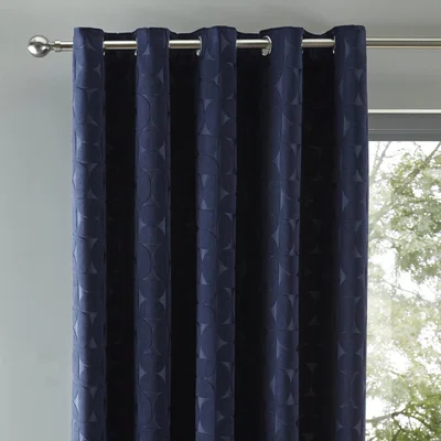 Dunelm Elements Sten Geometric Velour Navy Eyelet Curtains Navy Blue