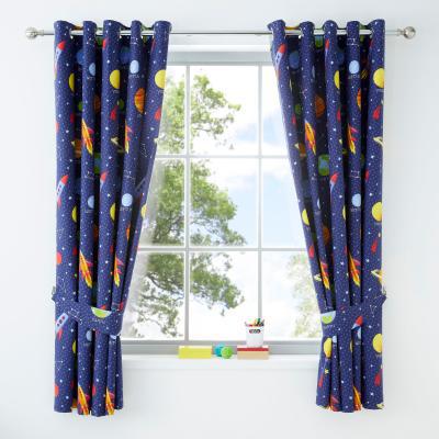 Dunelm Space Navy Blackout Eyelet Kids Curtains Navy Blue, Green and Yellow