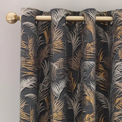 Dunelm Palm Charcoal Eyelet Curtains Charcoal and Yellow