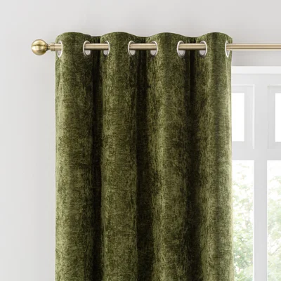 Dunelm Vintage Chenille Olive Green Thermal Fleece Lined Eyelet Curtain Olive (Green)
