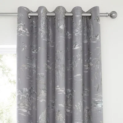 Dunelm Chinoiserie Grey Blackout Eyelet Curtains Grey and White