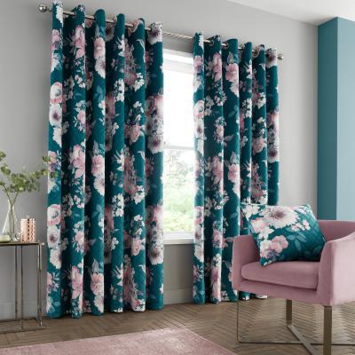 Dunelm Catherine Lansfield Shewsbury Digital Print Velvet Pinsonic Teal Eyelet Curtains Teal (Blue)
