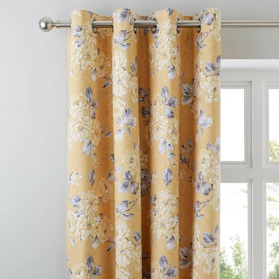 Dunelm Ashbourne Ochre Blackout Eyelet Curtains Yellow, Grey and White