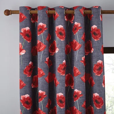 Dunelm Poppy Trail Red Eyelet Curtains Red, Green and Grey