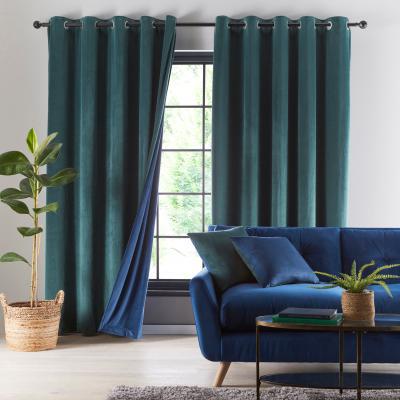 Dunelm Reversible Peacock Green and Navy Velour Eyelet Curtains Green and Navy Blue