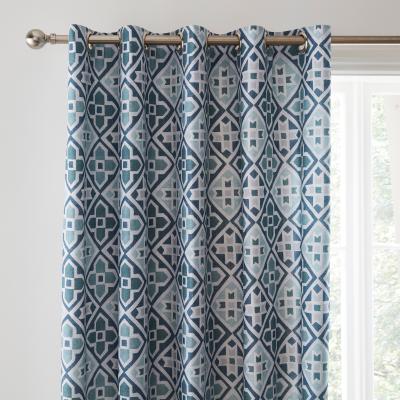 Dunelm Global Tile Blue Blackout Eyelet Curtains Blue/White