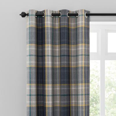 Dunelm Astley Navy Check Eyelet Curtains Navy Blue, Yellow and Green