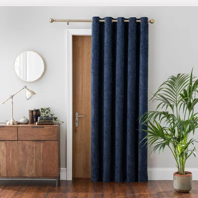 Dunelm Chenille Navy Thermal Eyelet Door Curtain Navy Blue