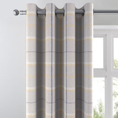 Dunelm Bergen Check Ochre Blackout Eyelet Curtains Beige, Yellow and Blue