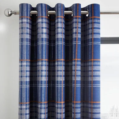 Dunelm Lennox Check Navy Blackout Eyelet Curtains Navy Blue, Brown and White