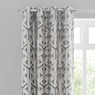 Dunelm Lux Geo Jacquard Silver Eyelet Curtains Silver and Grey