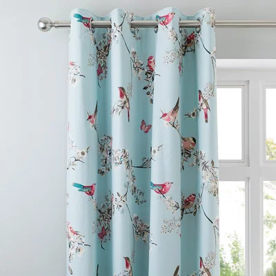 Dunelm Beautiful Birds Duck-Egg Thermal Eyelet Curtains Blue, Pink and White