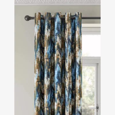 John Lewis Harlequin Distortion Blue Pair Lined Eyelet Curtains, Navy/Ochre