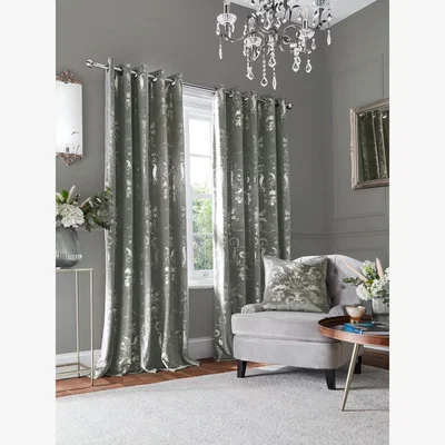 John Lewis Laura Ashley Josette Metallic Pair Lined Eyelet Curtains, Steel