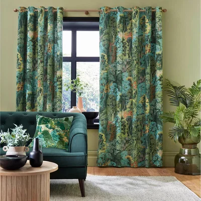 John Lewis Graham & Brown New Eden Pair Lined Eyelet Curtains, Emerald