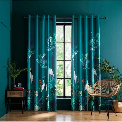 John Lewis Sara Miller Heron Pair Lined Eyelet Curtains, Teal