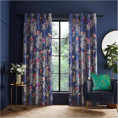 John Lewis Sara Miller Smokey Birds Pair Lined Eyelet Curtains, Blue