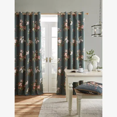John Lewis Laura Ashley Rosemore Pair Lined Eyelet Curtains, Fern