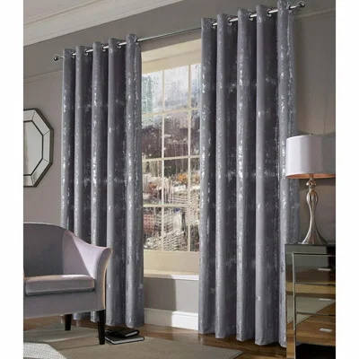 La Redoute Distressed Metallic Velour Thermal Lined Eyelet Curtains in Grey