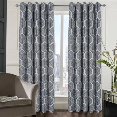 La Redoute Geometric Feather Print Lined Eyelet Curtains in Navy