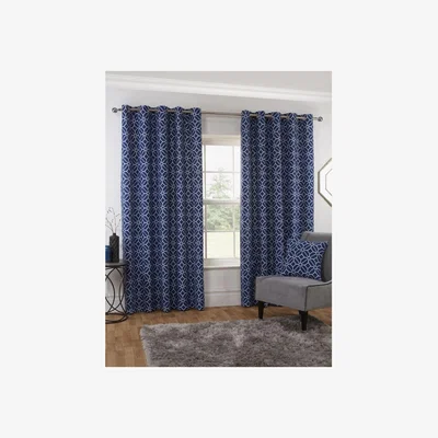 The Range Kelso Geometric Fully Lined Eyelet Ring Top Curtains - Blue / 137cm
