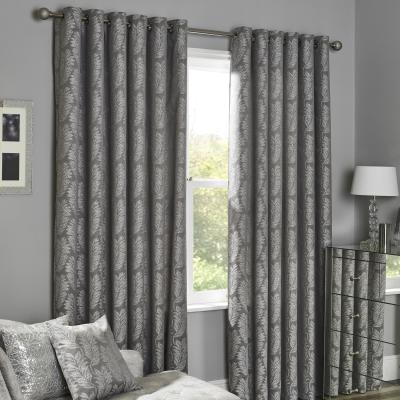 The Range Metallic Jacquard Leaf Lined Curtains - Grey / 168cm / 137cm