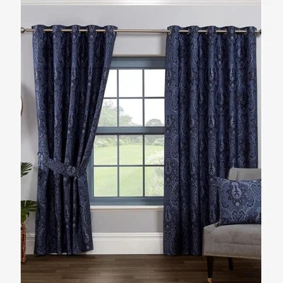 The Range Tegola Floral Fully Lined Jacquard Eyelet Ring Top Curtains - Blue