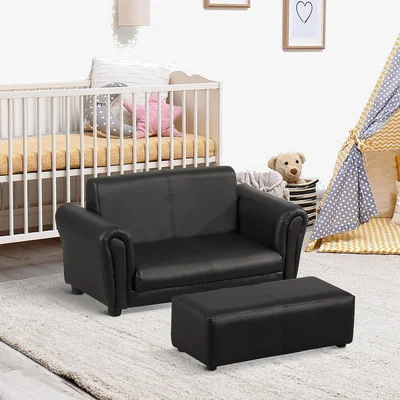 The Range 2 Seater Kids Twin Sofa with Ottoman - Black