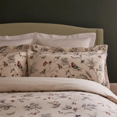 Dunelm Dorma Brushed Cotton Woodland Robin Oxford Pillowcase Pair White