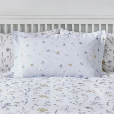 Dunelm Floral Stem Purple Oxford Pillowcase Purple/Yellow