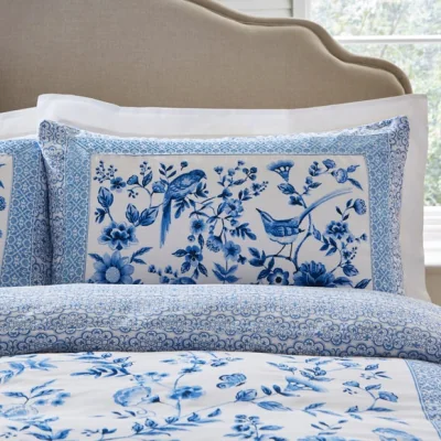 Dunelm Dorma Azure Bird Embroidery Blue Cotton Sateen Pillowcase Pair Blue