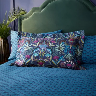 Dunelm Lucille Navy Oxford Pillowcase Navy Blue/Pink/Green
