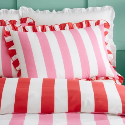 Dunelm Emmy Frilled Stripe 100% Cotton Standard Pillowcase Pair
