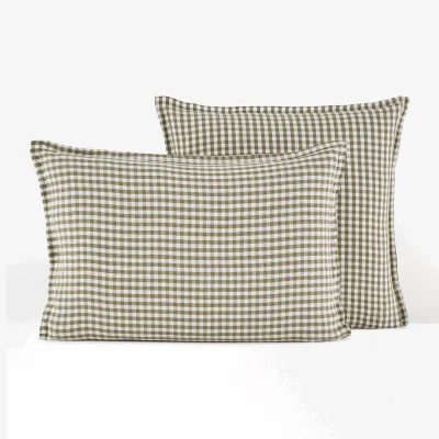 La Redoute Acélie Khaki Gingham 100% Washed Linen Pillowcase