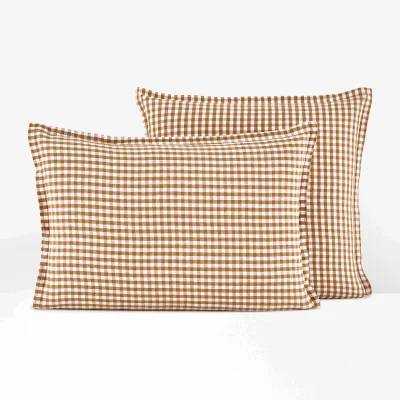 La Redoute Acélie Bronze Gingham 100% Washed Linen Pillowcase