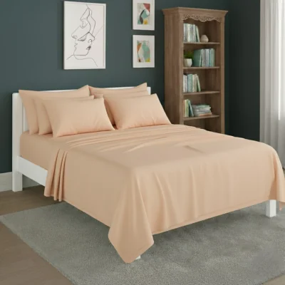 The Range Plain Poly Cotton Easy Care Fitted Flat Sheet Matching Pillowcases Set - Peach / Double