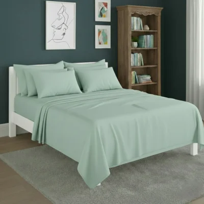 The Range Plain Poly Cotton Easy Care Fitted Flat Sheet Matching Pillowcases Set - Mint / Single