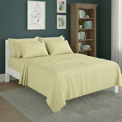The Range Plain Poly Cotton Easy Care Fitted Flat Sheet Matching Pillowcases Set - Lemon / Superking
