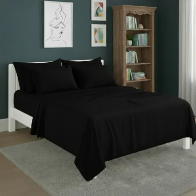 The Range Plain Poly Cotton Easy Care Fitted Flat Sheet Matching Pillowcases Set - Black / Superking