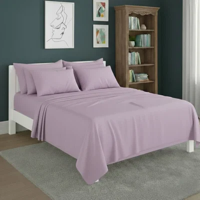 The Range Plain Poly Cotton Easy Care Fitted Flat Sheet Matching Pillowcases Set - Lilac / Double
