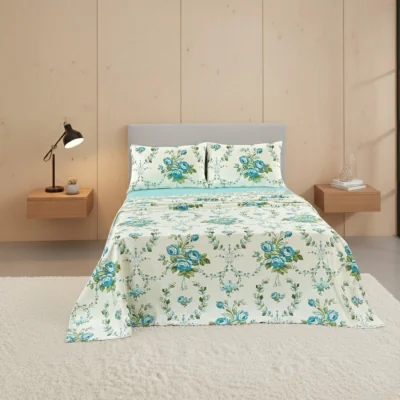 The Range Soft Floral Brushed Cotton Fitted Flat Sheet And Matching Pillowcases - Teal / Single