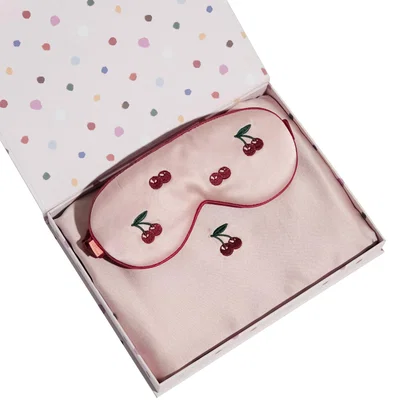 Wolf & Badger Pink / Purple Lost Cherries 2 Piece Silk Gift Set - Silk Pillowcase & Silk Sleep Eye Mask Lost Pattern Nyc